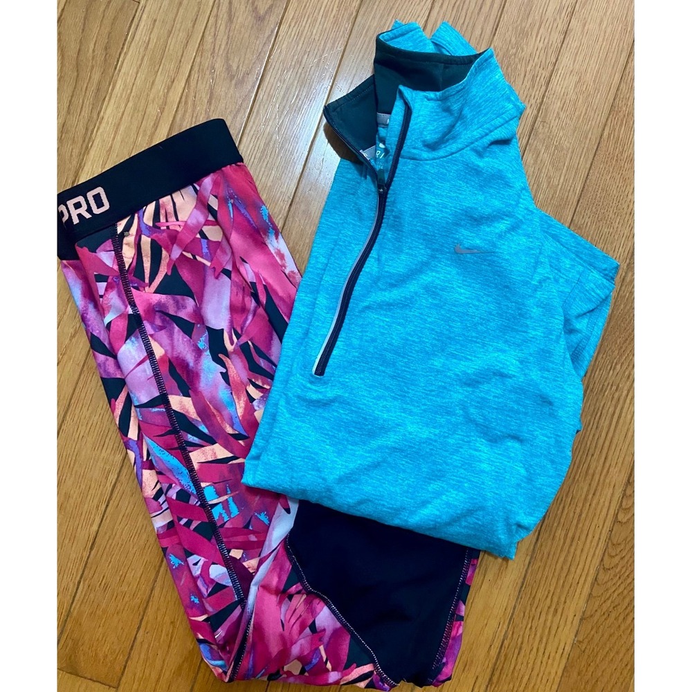Nike Dri-FIT Womens Medium 1/4 Zip Running Top & Pro Tropical Leggings Set Blue